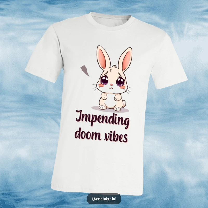 Funny t-shirt depicting a rabbit with huge, worried eyes fixated on an approaching shadow. Ideal for expressing mild anxiety humorously.