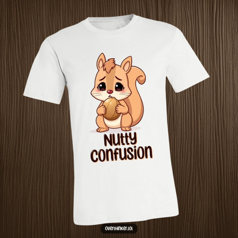Funny squirrel t-shirt featuring a cute character holding a nut and looking utterly perplexed, highlighting humorous bewilderment. Perfect gift.