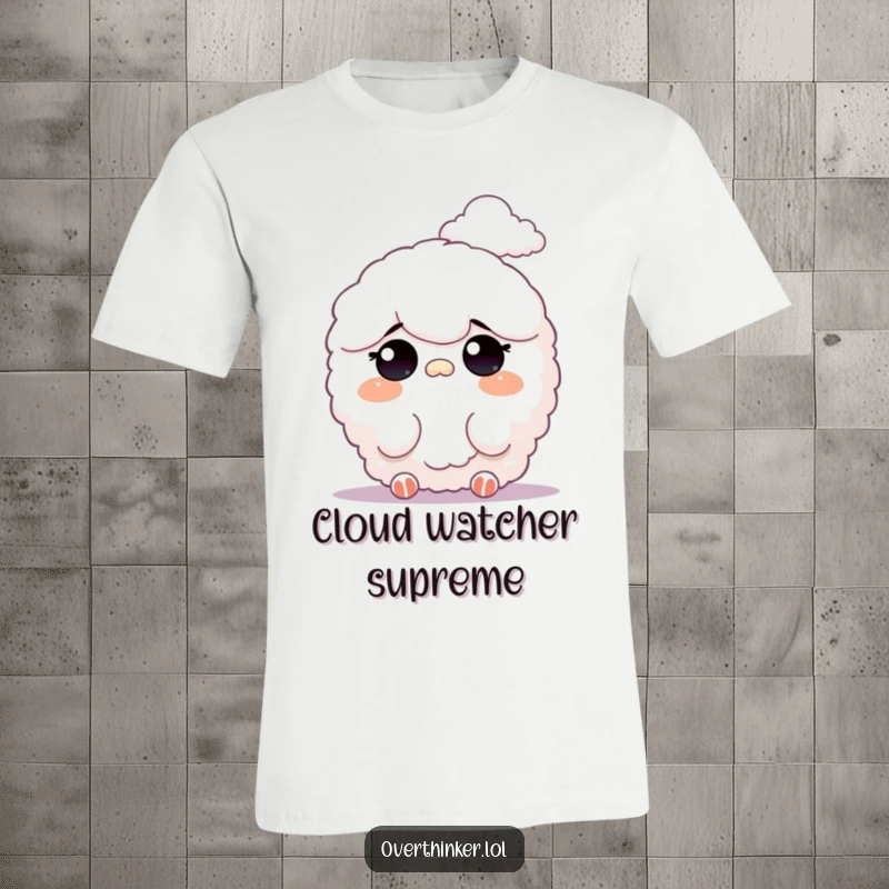 Funny t-shirt depicting a fluffy character squinting to see a faint, distant cloud formation, lost in contemplative observation.