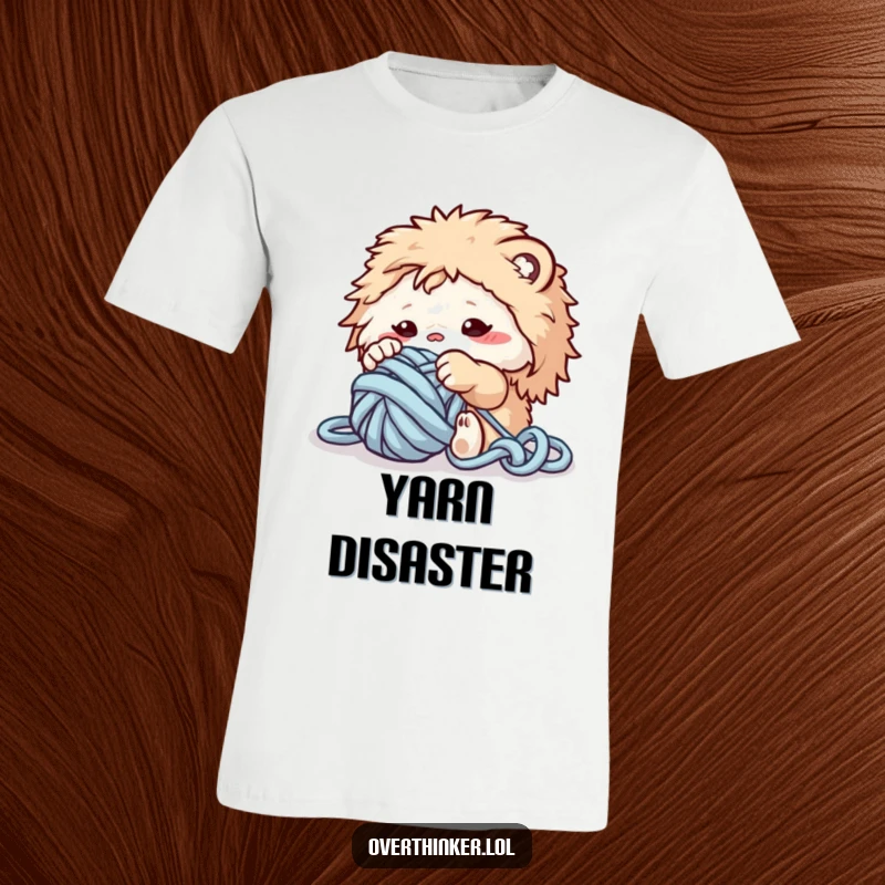 Funny t-shirt showing a fluffy, adorable creature with paws in a massive, tangled ball of yarn, looking comically frustrated.