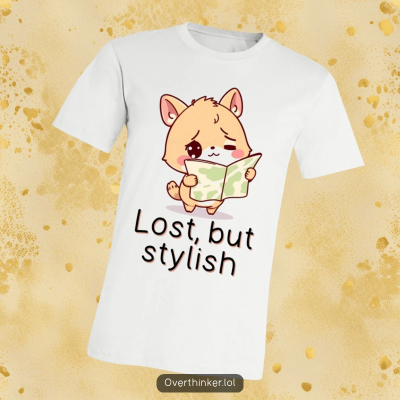 Funny t-shirt showing a bewildered animal holding a map upside down, clearly lost and questioning its life choices.