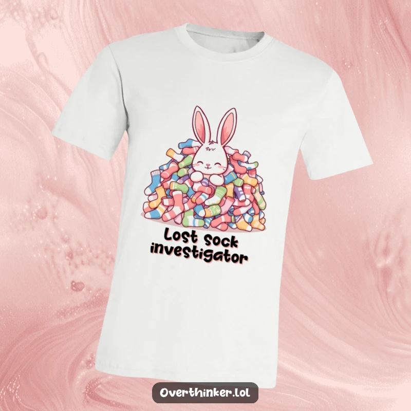 Funny rabbit t-shirt depicting a stressed rabbit buried in a mountain of mismatched socks, a humorous take on household chores.