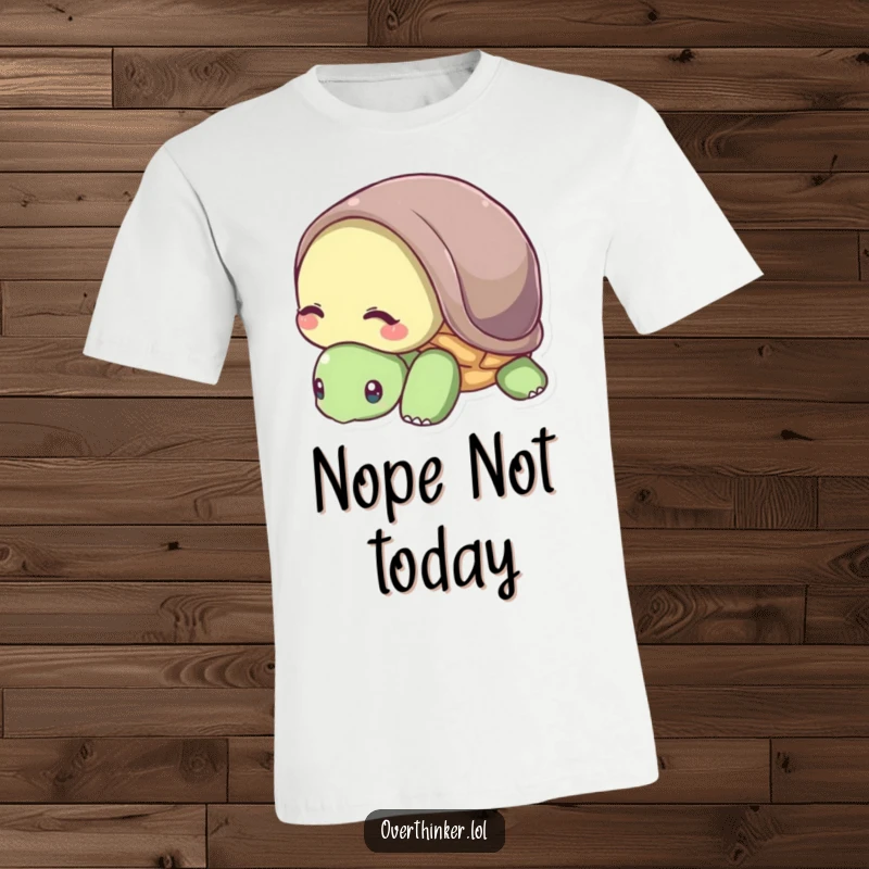 Funny t-shirt graphic of a turtle with its head tucked slightly into its shell, symbolizing shyness.