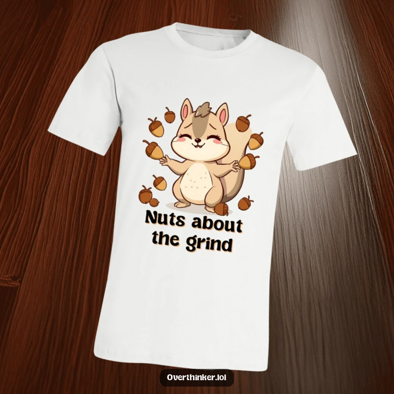Funny t-shirt featuring a smiling yet stressed squirrel character juggling numerous acorns, representing the struggles of being overwhelmed.
