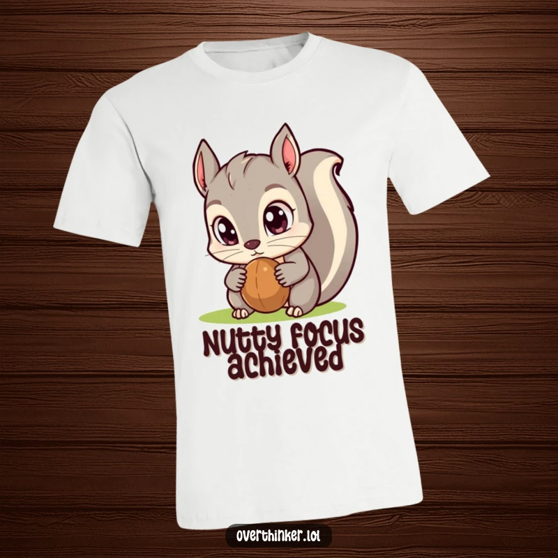 Funny Kawaii squirrel t-shirt with massive eyes locked onto a nut, radiating intense focus and humor, ideal for a quirky and comedic look.
