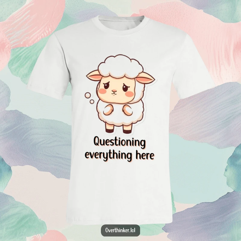 Funny t-shirt with a sheep sporting a furrowed brow, questioning the shape and meaning of a cloud.