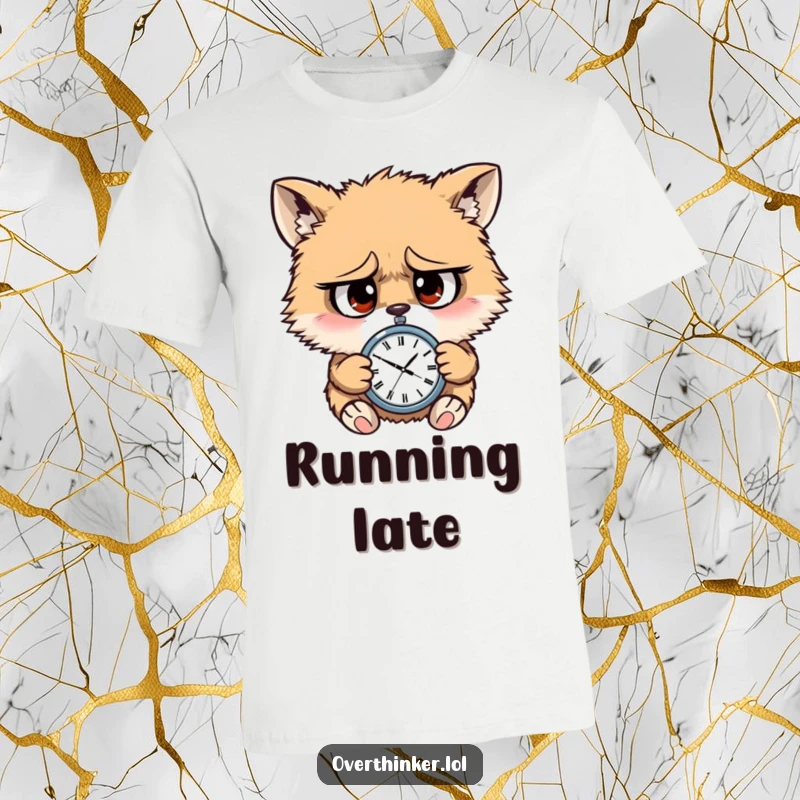Funny t-shirt showing a furry creature with panicked eyes, desperately checking a miniature watch, symbolizing time crunch anxiety.