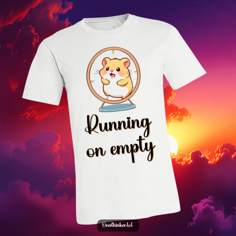 Funny graphic t-shirt with a hamster frantically spinning a wheel, looking utterly overwhelmed and exhausted.