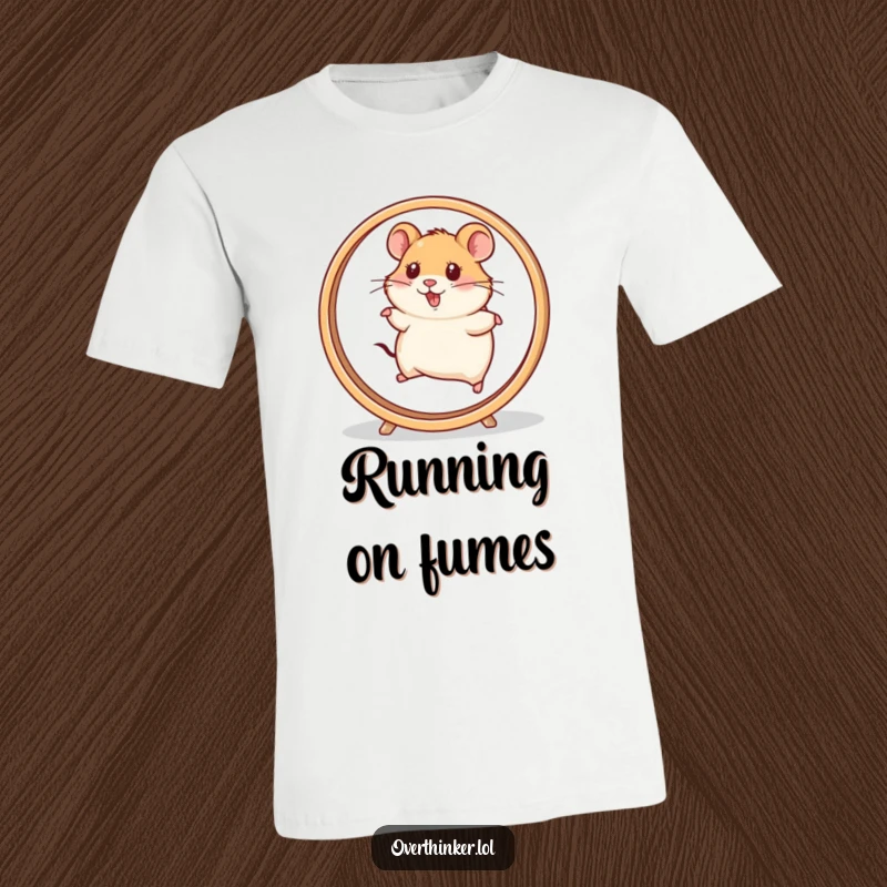 Funny Hamster T-Shirt depicting a hamster character running frantically on a super-fast spinning wheel. Expressing relatable chaos.