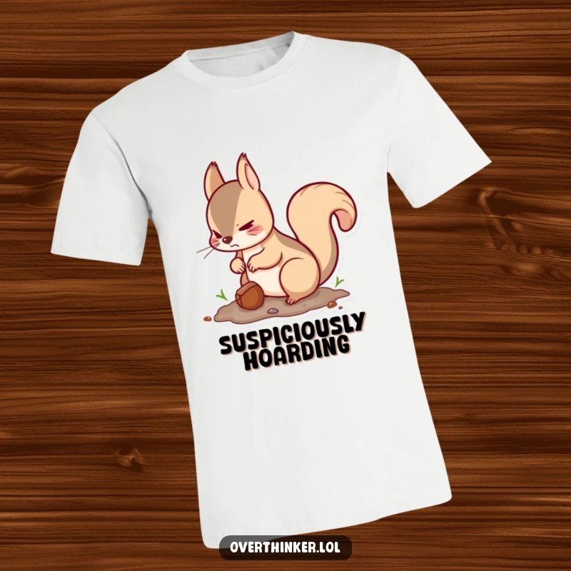 Funny Kawaii squirrel t-shirt with a cute squirrel burying a nut and looking around nervously, a humorous depiction of caution.