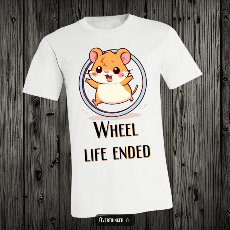 Funny Kawaii hamster t-shirt with a cute hamster stopping suddenly on a wheel, a humorous depiction of exhaustion.
