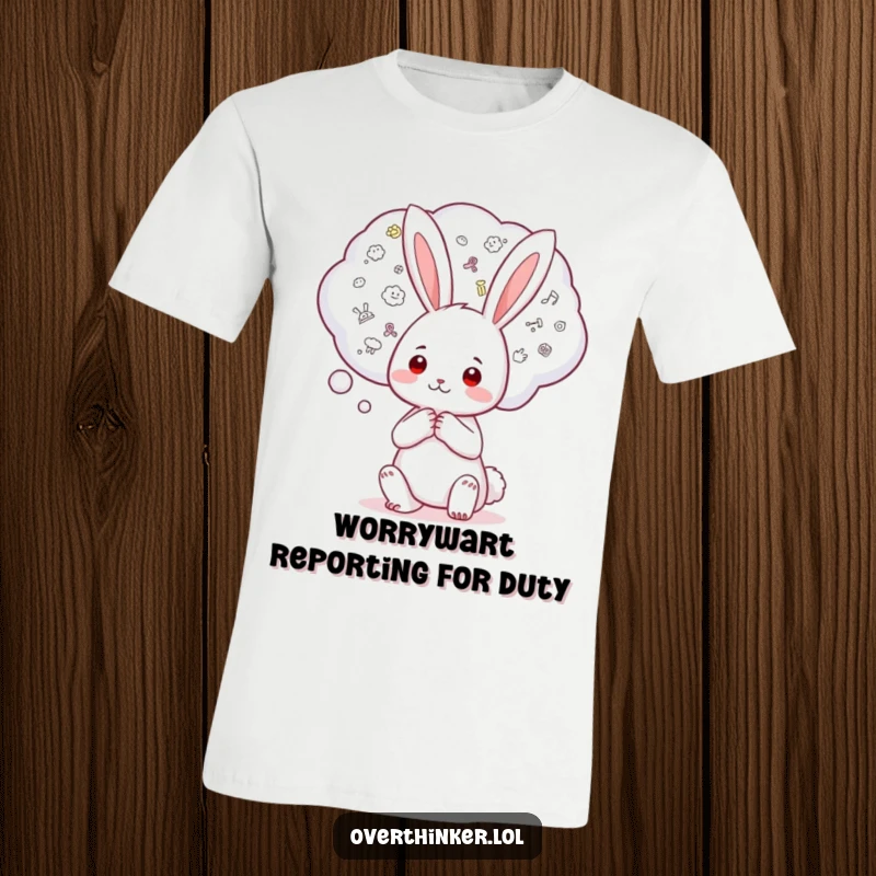 Funny Kawaii rabbit t-shirt showing a character burdened by a thought bubble packed with tiny worries, a humorous take on life's anxieties.