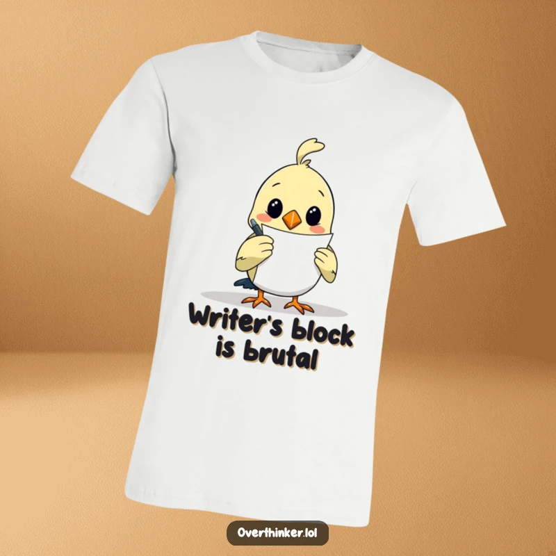 Funny t-shirt showcasing an overthinking bird with a pen, poised to write on a blank page, expressing creative paralysis.