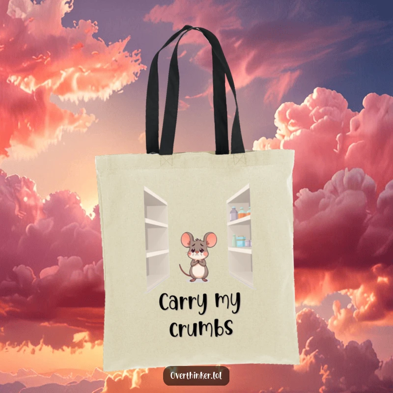 Funny tote bag depicting a worried mouse and an empty pantry shelf, perfect for grocery trips and humorous reminders.