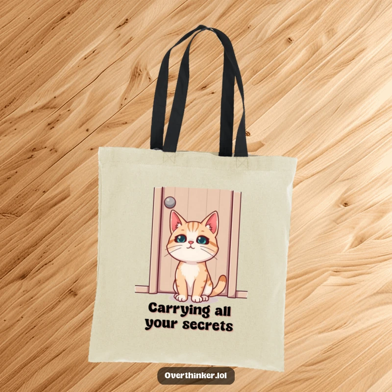 Funny tote bag with a cat displaying intense concentration while staring at a closed door, perfect for carrying cat essentials.