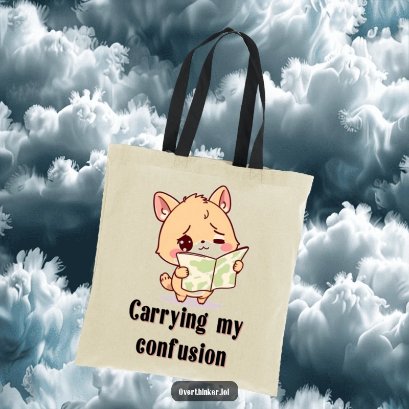 Funny tote bag with a confused animal character holding a map upside down, symbolizing being lost but looking for adventure.