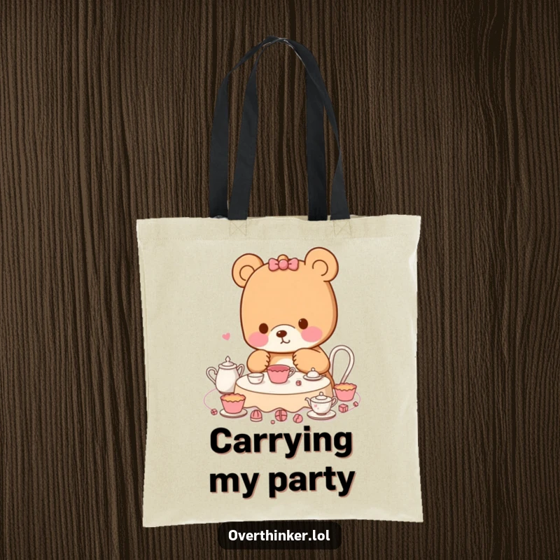 Funny Kawaii bear tote bag displaying a character meticulously planning a tea party, ideal for carrying items with a touch of organized humor.