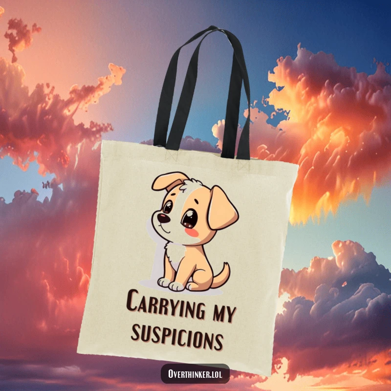 Funny tote bag with a dog tilting its head and staring intently at a wall shadow, perfect for carrying daily items.