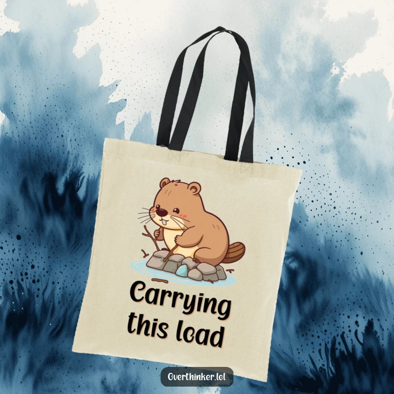 Funny tote bag featuring a beaver using tiny twigs for dam building, perfect for carrying items and showing dedication.