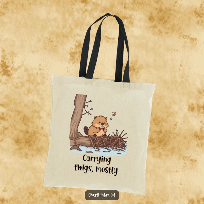 Funny tote bag, an overthinking beaver struggling with many tiny twigs for dam construction, representing overwhelming tasks humorously.
