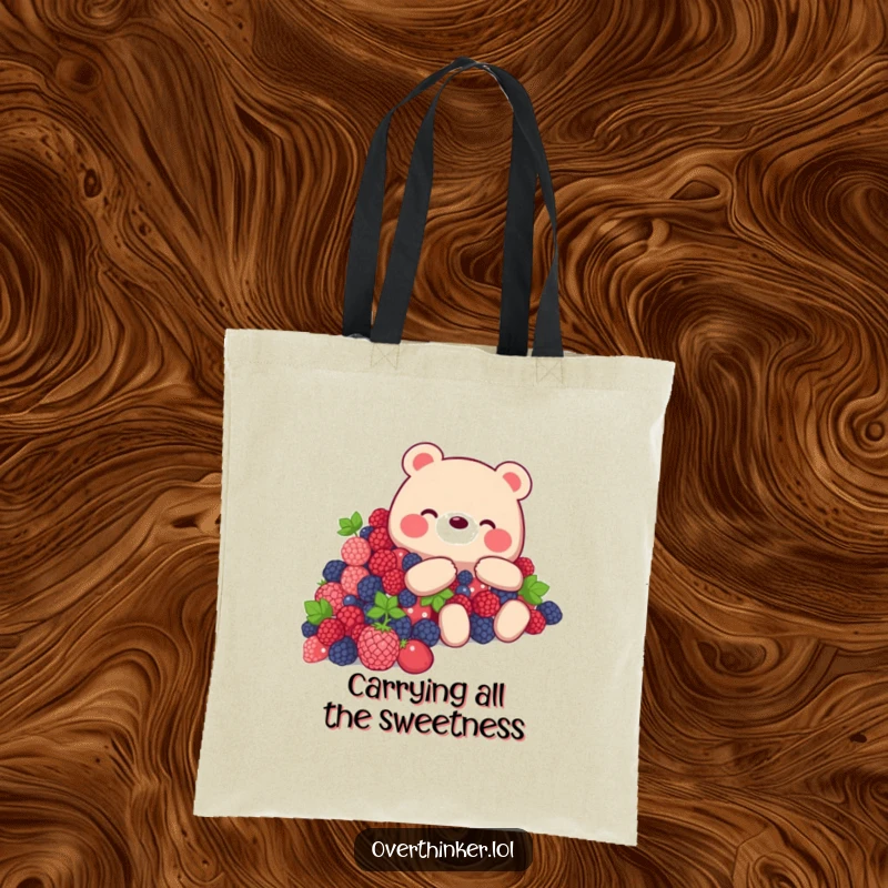 Funny Bear Tote Bag featuring a bear overwhelmed by a mountain of berries, humorous and practical accessory.