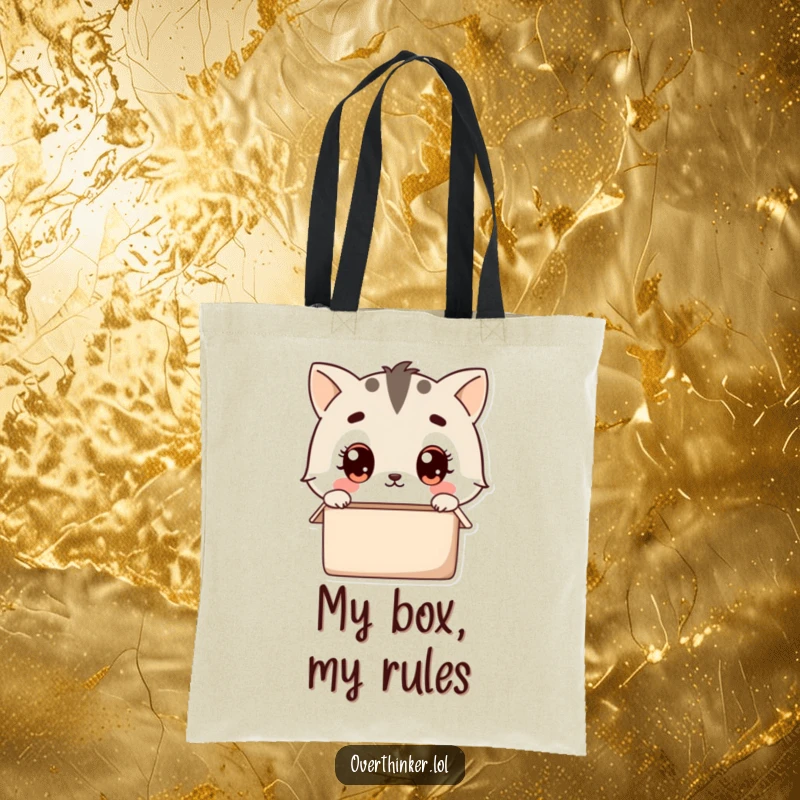 Funny kawaii tote bag featuring a cute animal character with wide eyes, pondering an empty box, ideal for carrying essentials and wonder.