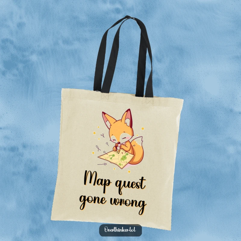 Funny fox tote bag featuring a character frantically drawing many paths on a tiny map, perfect for humorous travel. Excellent gift.