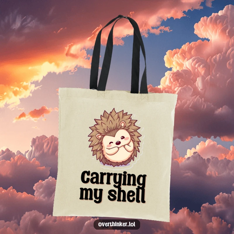 Funny Kawaii hedgehog tote bag, a cute character curling into a ball then peeking out inquisitively, perfect for carrying humorous items.