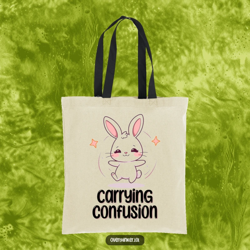 Funny Kawaii rabbit tote bag featuring a cute rabbit spinning in confusion, ideal for carrying items with humor.