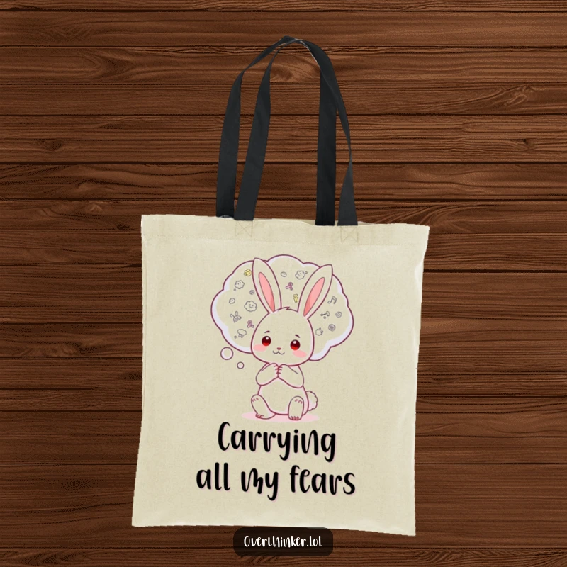 Funny Kawaii rabbit tote bag displaying a character holding a giant thought bubble teeming with tiny worries, perfect for carrying items with humor.