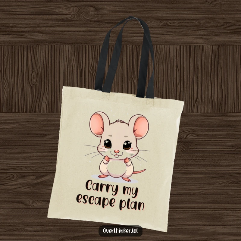 Funny tote bag with a mouse whose eyes dart around, sensing imagined dangers, perfect for daily use.