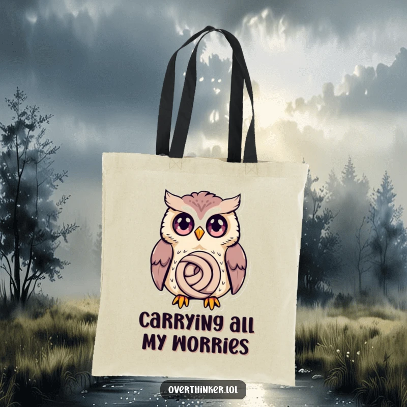 Funny Owl Tote Bag featuring a wide-eyed owl pondering a tiny knot, a humorous and practical accessory.