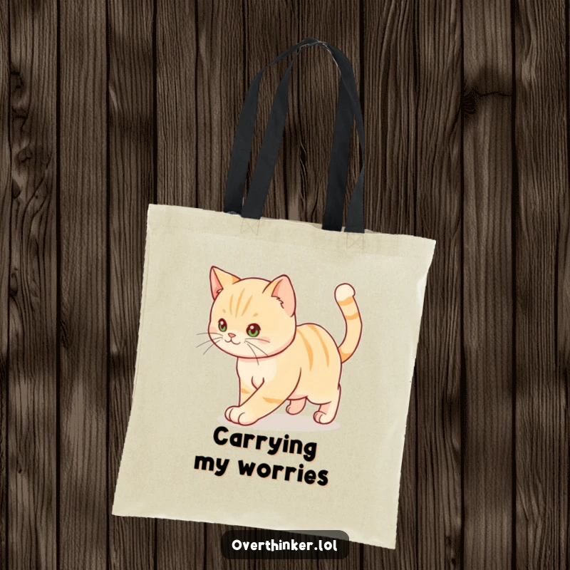 Funny tote bag illustration of a cat pacing agitatedly, its tail twitching erratically.