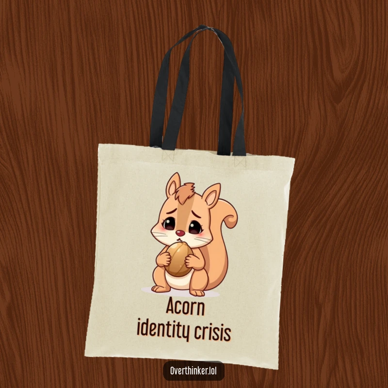 Funny squirrel tote bag featuring a perplexed character holding a nut, perfect for humorous everyday use. Excellent gift.
