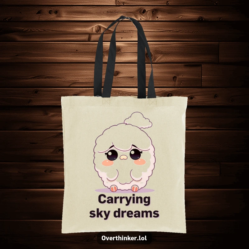 Funny tote bag showcasing a fluffy character squinting at a faint, distant cloud formation, perfect for sky gazers and dreamers.