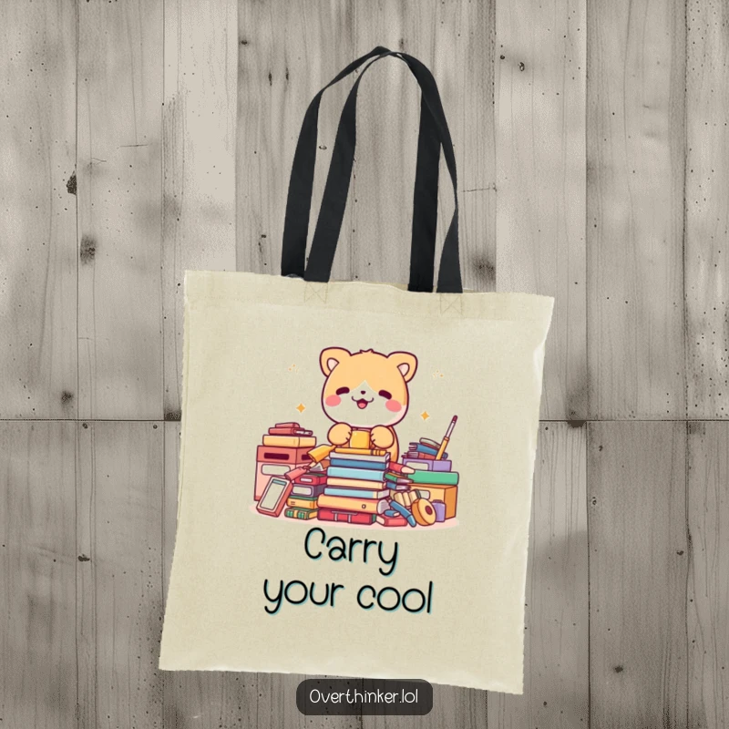 Funny tote bag featuring a cute animal character in a frenzy, organizing a heap of items that are already perfectly neat.