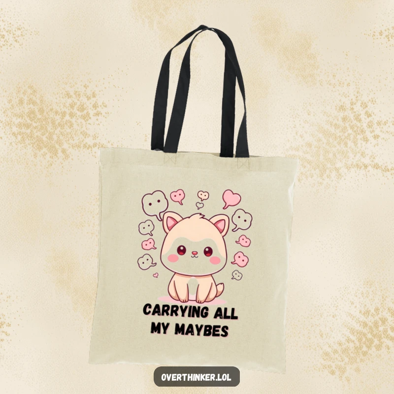 Funny kawaii tote bag featuring a cute animal character with many 'what if' thought bubbles floating, ideal for carrying ideas and essentials.