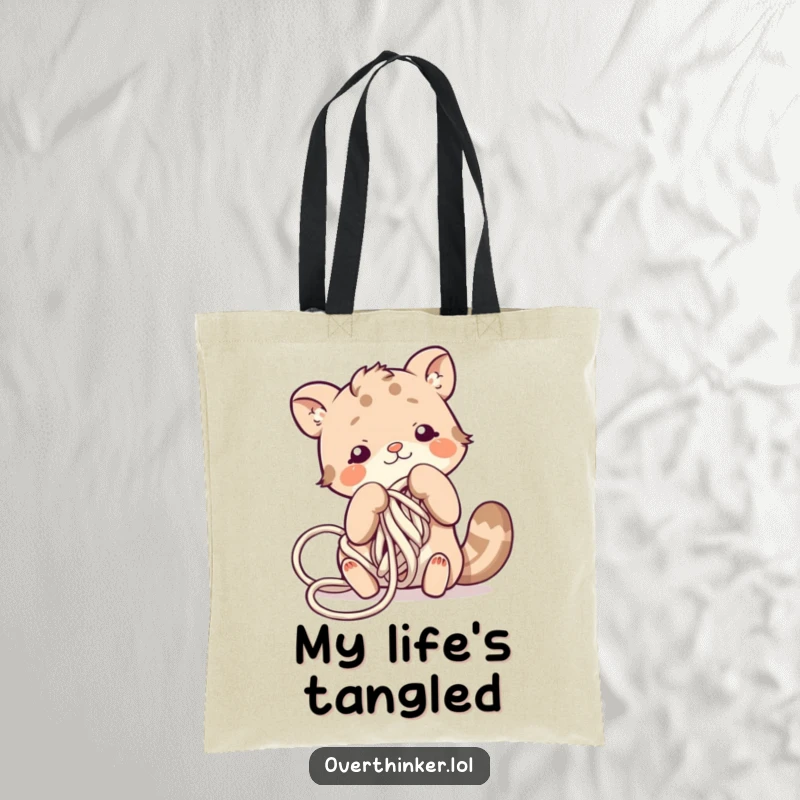 Funny tote bag with an adorable animal character comically tangled in a large ball of yarn, perfect for everyday use.