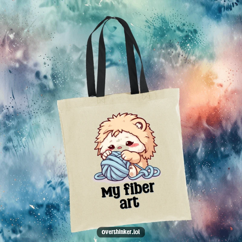 Funny tote bag with a fluffy creature attempting to untangle a huge ball of yarn, perfect for carrying craft supplies.