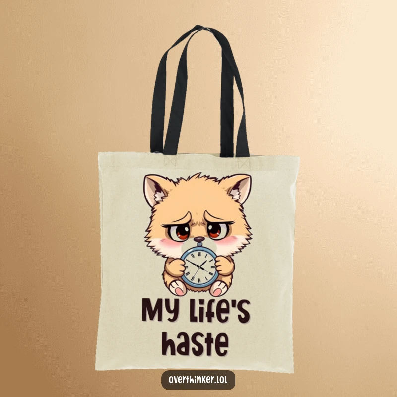 Funny tote bag depicting a furry animal with wide, worried eyes, checking a tiny watch, highlighting the feeling of being rushed.