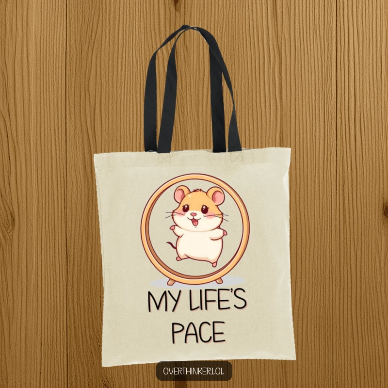 Funny Hamster Tote Bag featuring a hamster character running on a very fast spinning wheel, ready for errands. Humorous and practical.