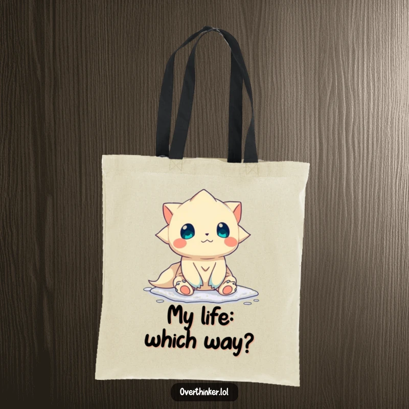 Funny Tote Bag: A creature is depicted frozen, unable to choose a direction, illustrating humorous indecision for everyday use.
