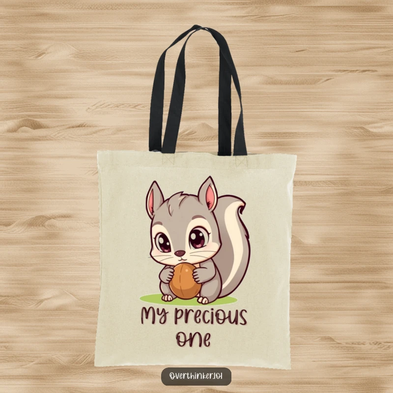 Funny Kawaii squirrel tote bag showcasing big-eyed determination fixed on a nut, perfect for carrying essentials with a humorous and relatable flair.