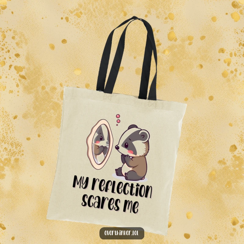 Funny tote bag with an overthinking badger staring at its reflection, symbolizing self-awareness and profound thought.