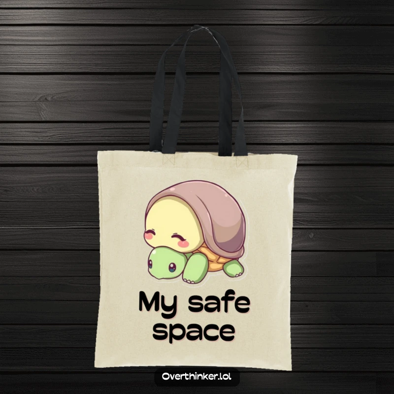 Funny tote bag with a turtle character partially hiding its head in its shell, representing introversion.