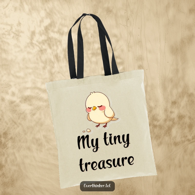 Funny tote bag with a bird character nervously pecking at a single crumb, symbolizing anxiety and an obsessive focus on details.