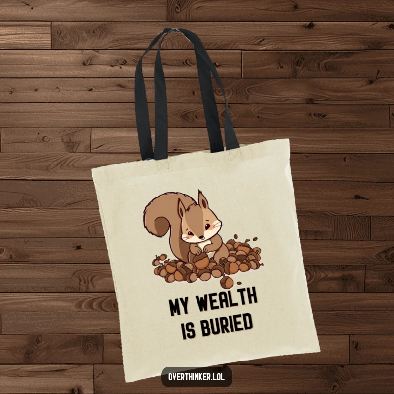 Funny Squirrel Tote Bag featuring a frantic squirrel burying acorns, humorous and practical accessory.