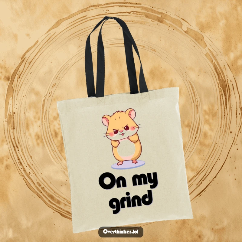 Funny tote bag with a hamster character spinning its wheel with intense concentration, symbolizing focus and constant motion.