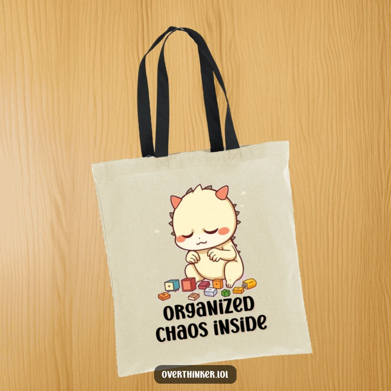 Funny tote bag showcasing a creature nervously rearranging small objects repeatedly, perfect for those who appreciate order and humor.