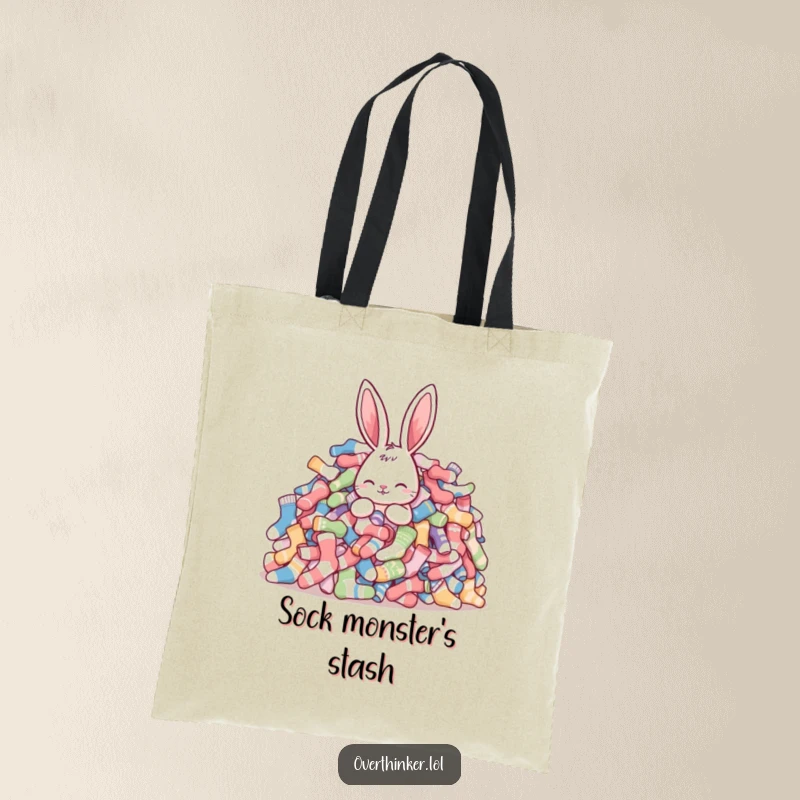 Funny rabbit tote bag featuring a rabbit overwhelmed by a huge pile of mismatched socks, a humorous statement piece for everyday use.